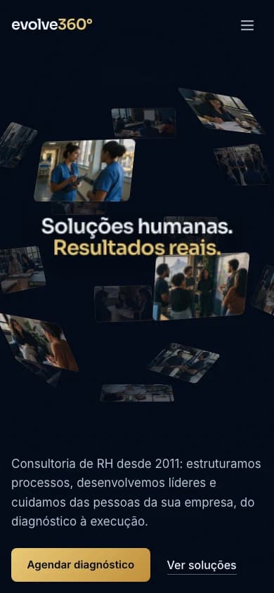 Página inicial do site da Evolve360, consultoria de RH, versão para celular